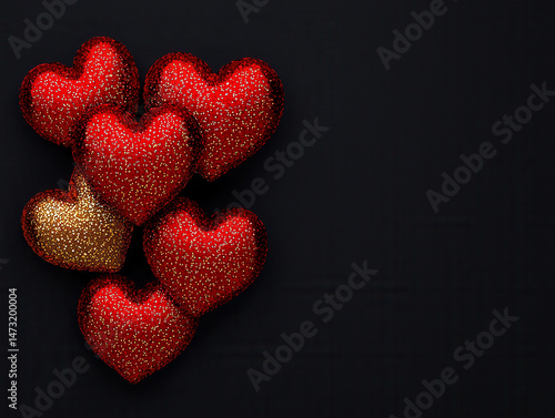 Shiny red and gold hearts on dark background, perfect for love