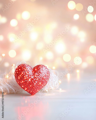 Shiny red heart with sparkles on soft bokeh background