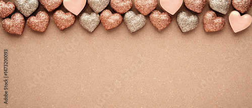 Glitter hearts in rose gold and silver on sparkling background