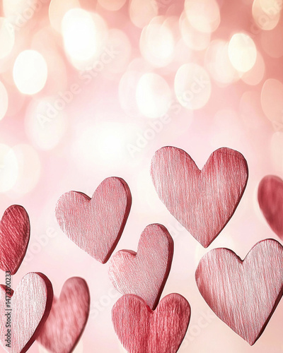 Heart shaped bokeh on soft pink background creates romantic feel