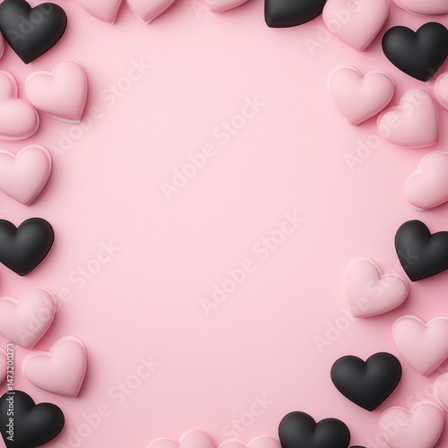 Heart shaped border on light pink background with black hearts