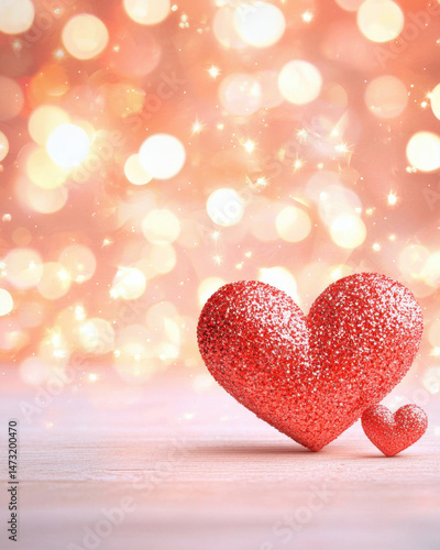Shiny red hearts on soft pink background with bokeh lights