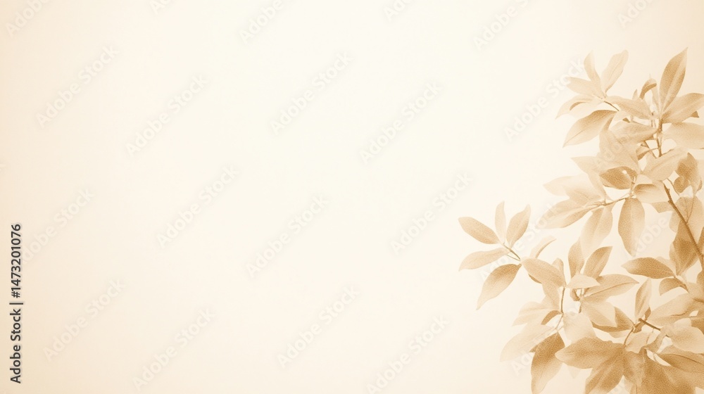 Minimalist sepia-toned background with delicate leafy branches on the right side. Minimalist sepia-toned background with delicate leafy branches on the right side.