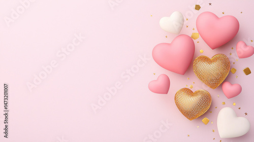 Colorful hearts on pastel background with golden accents