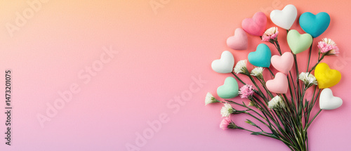 Colorful hearts and flowers on pastel gradient background