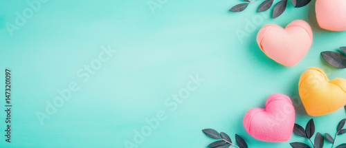 Colorful hearts on teal background with green leaves
