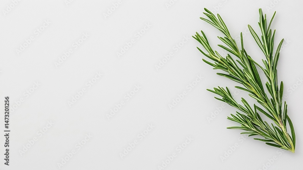 Naklejka premium A fresh rosemary sprig lies on a clean white background, representing simplicity and natural flavor.