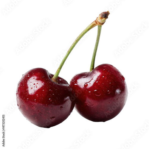 Two red cherries with water drops isolated on wet food ripe life stem dark on transparent background