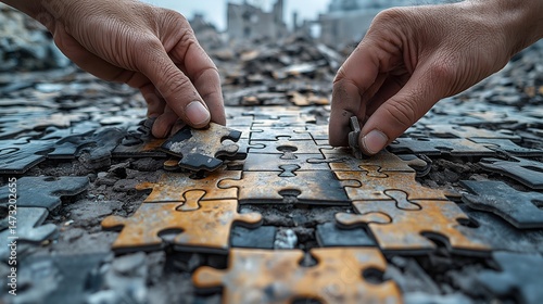 Rebuilding from Rubble – Hands Assembling a Puzzle of Broken Cities. Generative AI.