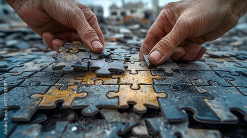 Rebuilding from Rubble – Hands Assembling a Puzzle of Broken Cities. Generative AI.