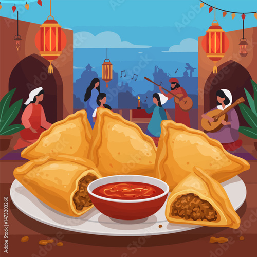 Serving Golden Fried Samosas with Sauce at an Evening Celebration