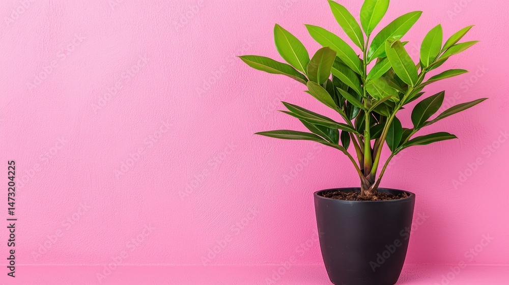 Fototapeta premium Lush Green Plant in Black Pot Against Pink Wall