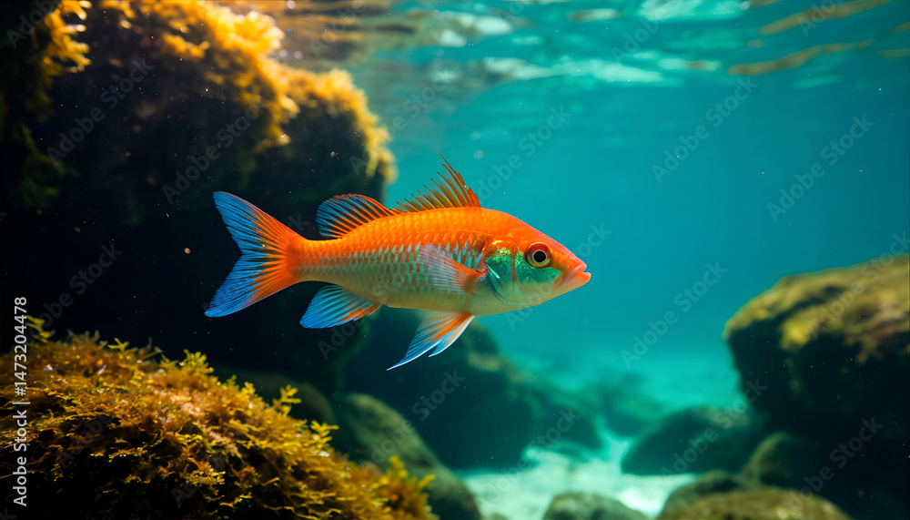 Naklejka premium Colorful Tropical Fish Swimming in Ocean Water