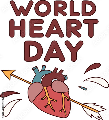World Heart Day Awareness: A bold, stylized illustration celebrates World Heart Day, featuring a detailed anatomical heart pierced by an arrow, symbolizing love and cardiovascular health awareness.