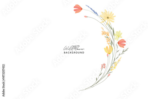 Wildflowers watercolor botanical frame background. Spring and summer Background watercolor arrangements with small flower. Botanical illustration minimal style.
