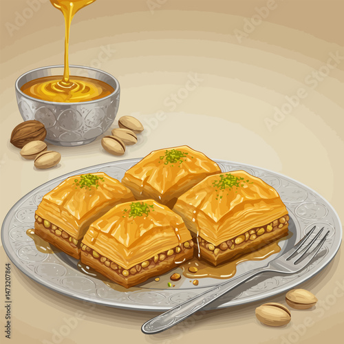 Serving Baklava Pastries with Honey and Pistachios on Ornate Plate