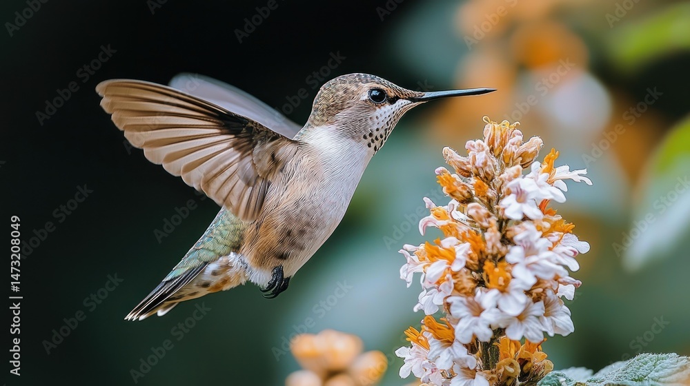 Fototapeta premium Hummingbird in flight, feeding on flower