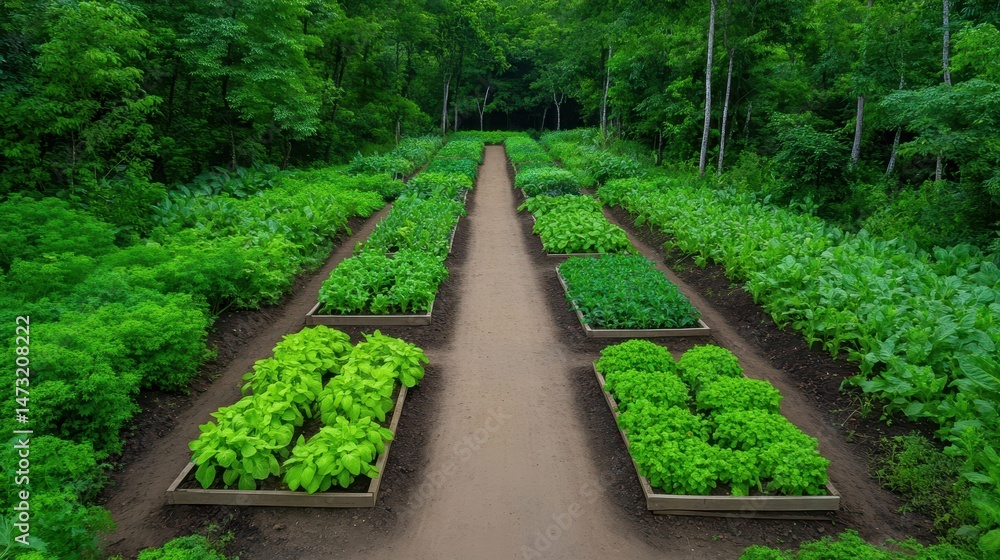 Obraz premium Lush Green Vegetable Garden with Dirt Path