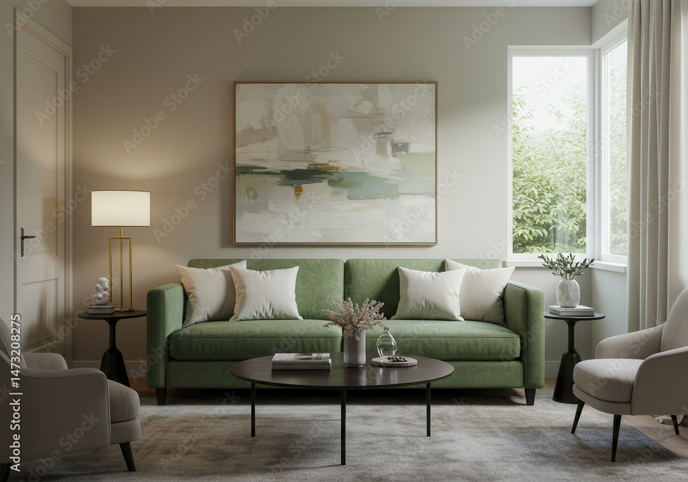 Obraz premium Living room interior with green sofa, white pillows, and abstract art