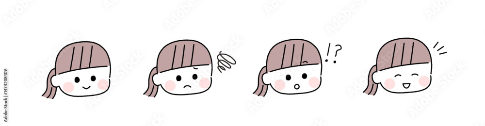 ゆるかわいい手描き風の表情セット/ポニーテールの女の子 ゆるかわいい手描き風の表情セット/ポニーテールの女の子