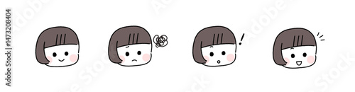ゆるかわいい手描き風の表情セット／おかっぱの女の子