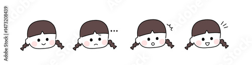 ゆるかわいい手描き風の表情セット／みつあみの女の子