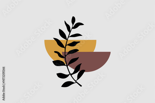 Minimalist botanical art composition with a black leaf and geometric shapes on a soft gray background