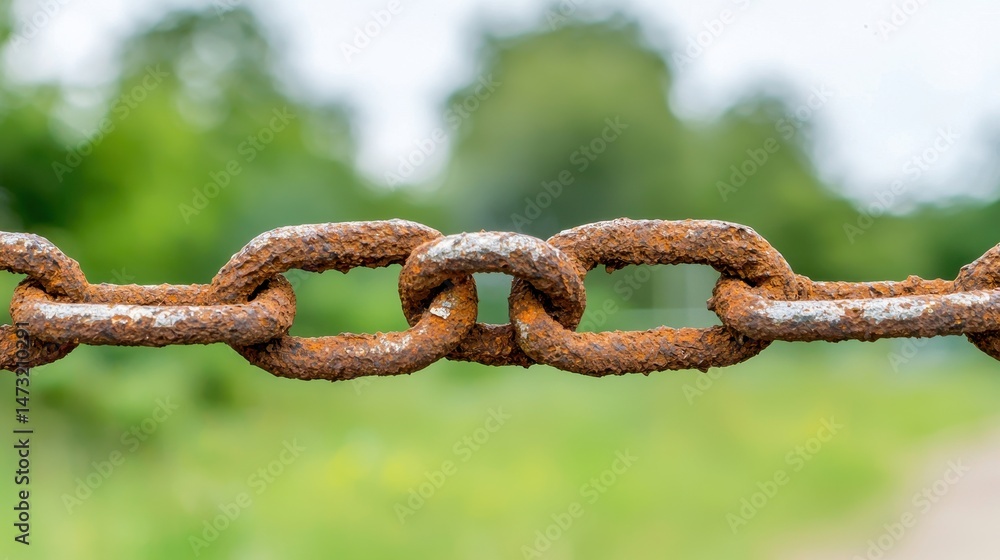 Rusty Chain Close up Against Blurred Green Background Rusty Chain Close up Against Blurred Green Background