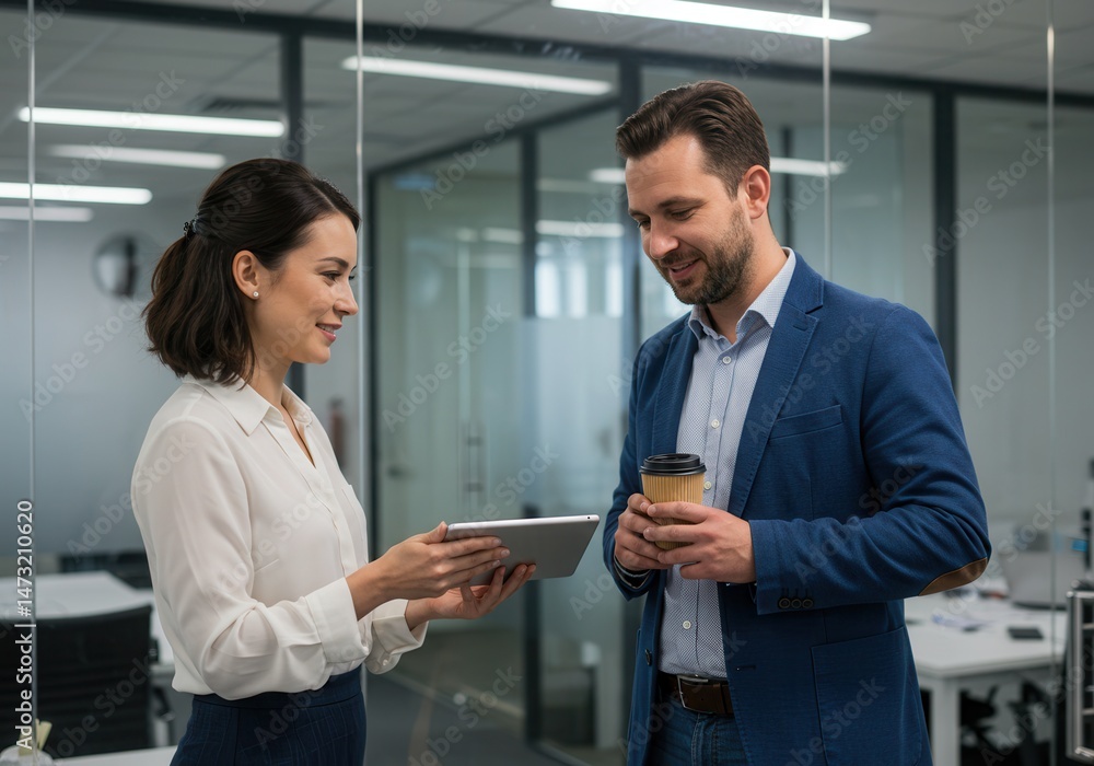 Business colleagues reviewing data on a tablet while standing in a modern office Business colleagues reviewing data on a tablet while standing in a modern office