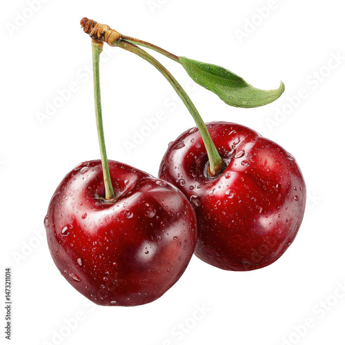 Two ripe red cherries with water drops isolated on food life stem leaf on transparent background