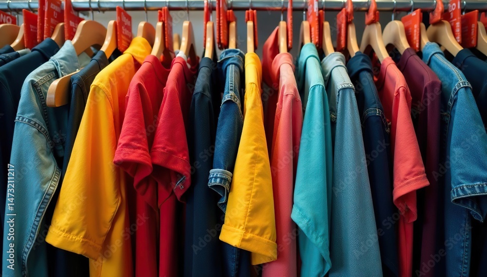 Clothes on sale racks, colorful garments, clearance signs, price tags, discounted merchandise , savings, price reduction, affordable Clothes on sale racks, colorful garments, clearance signs, price tags, discounted merchandise , savings, price reduction, affordable