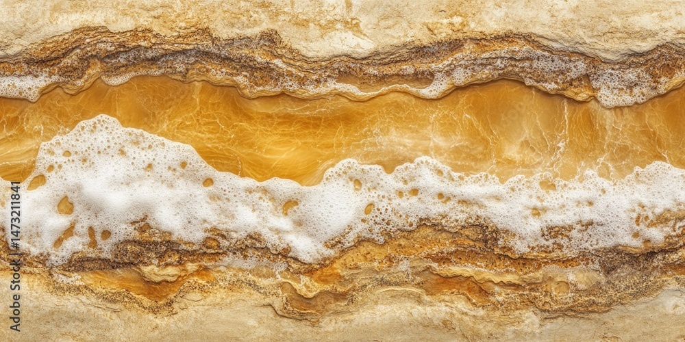 Fototapeta premium Marble stone texture with layered brown and beige wave pattern and foamy details. Unique abstract background for luxury decoration and interior design projects.