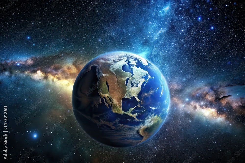 Obraz premium A Celestial View Earth's Beauty Amidst a Cosmic Tapestry of Stars and Nebulae