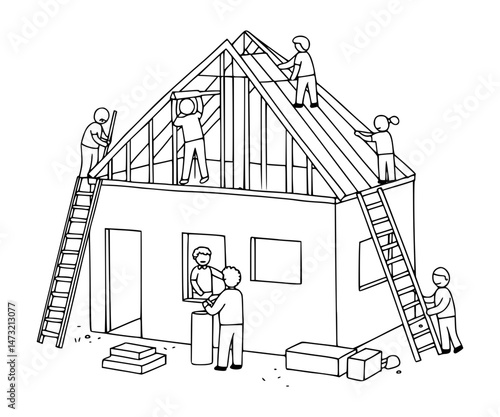 People building a house Line Art