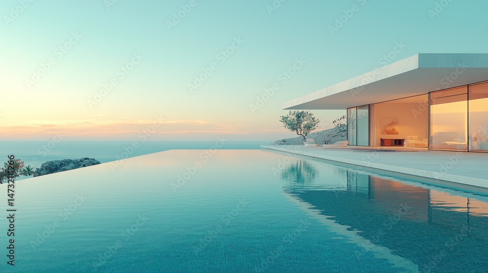 Fototapeta premium Modern, minimalist cliff house with infinity pool overlooking the ocean at sunset