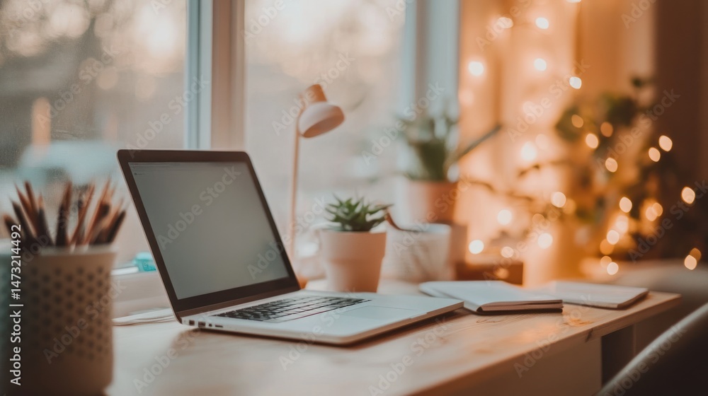 Cozy Workspace by the Window with Laptop, Plants, and Fairy Lights Cozy Workspace by the Window with Laptop, Plants, and Fairy Lights