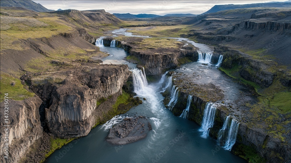 Obraz premium High-angle view of cascading waterfalls in a rugged valley.