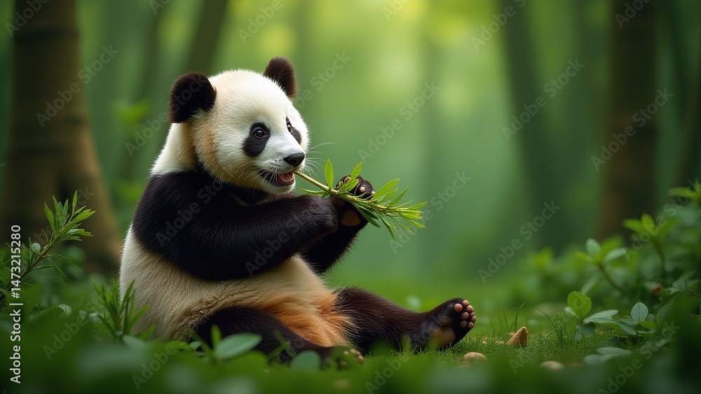 Obraz premium Cute panda bear eating bamboo shoots in serene forest setting for eco friendly marketing campaign background with copy space for text