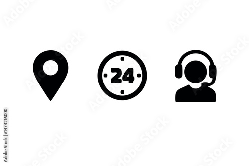 Black and white icons representing location, availability and customer support services