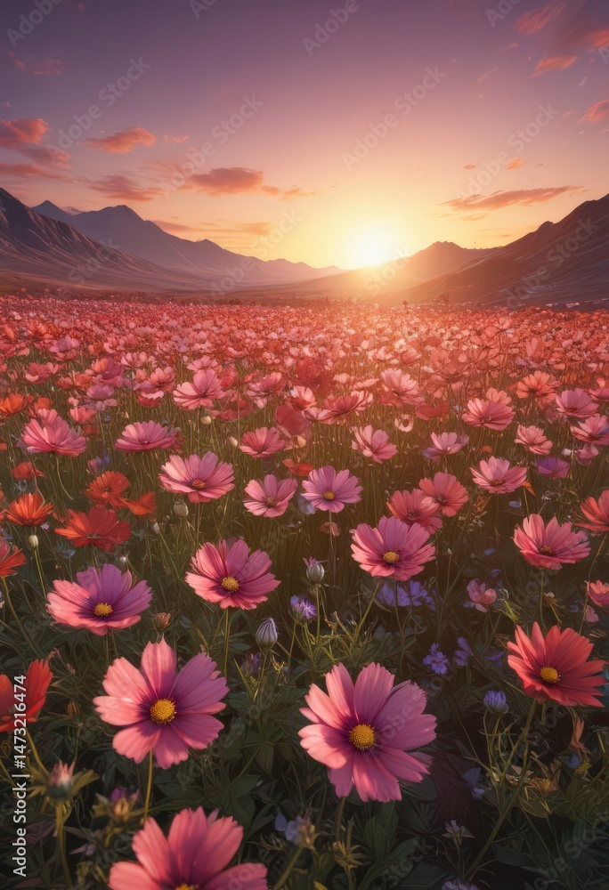 Fototapeta premium Vast cosmos field, sunset hues, vibrant petals, blossom, wallpaper