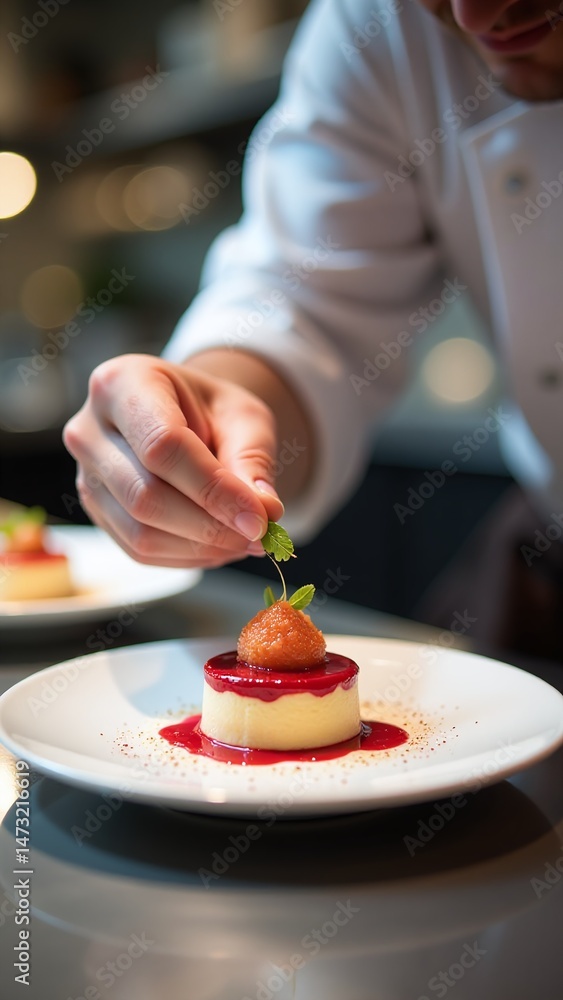 Chef plating dessert, final touches, modern kitchen, delicate sweet dish, close-up of finished plate Chef plating dessert, final touches, modern kitchen, delicate sweet dish, close-up of finished plate