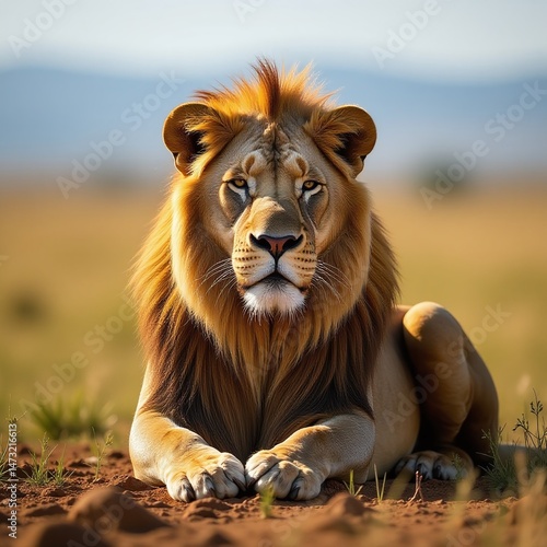 Majestic African lion, powerful male lion resting in golden savanna, king of the jungle, wildlife photography, nature's predator