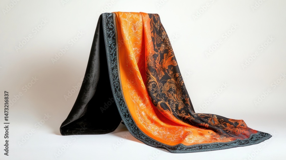 Elegant Silk Scarf Displayed in a Studio Setting with Rich Patterns Elegant Silk Scarf Displayed in a Studio Setting with Rich Patterns