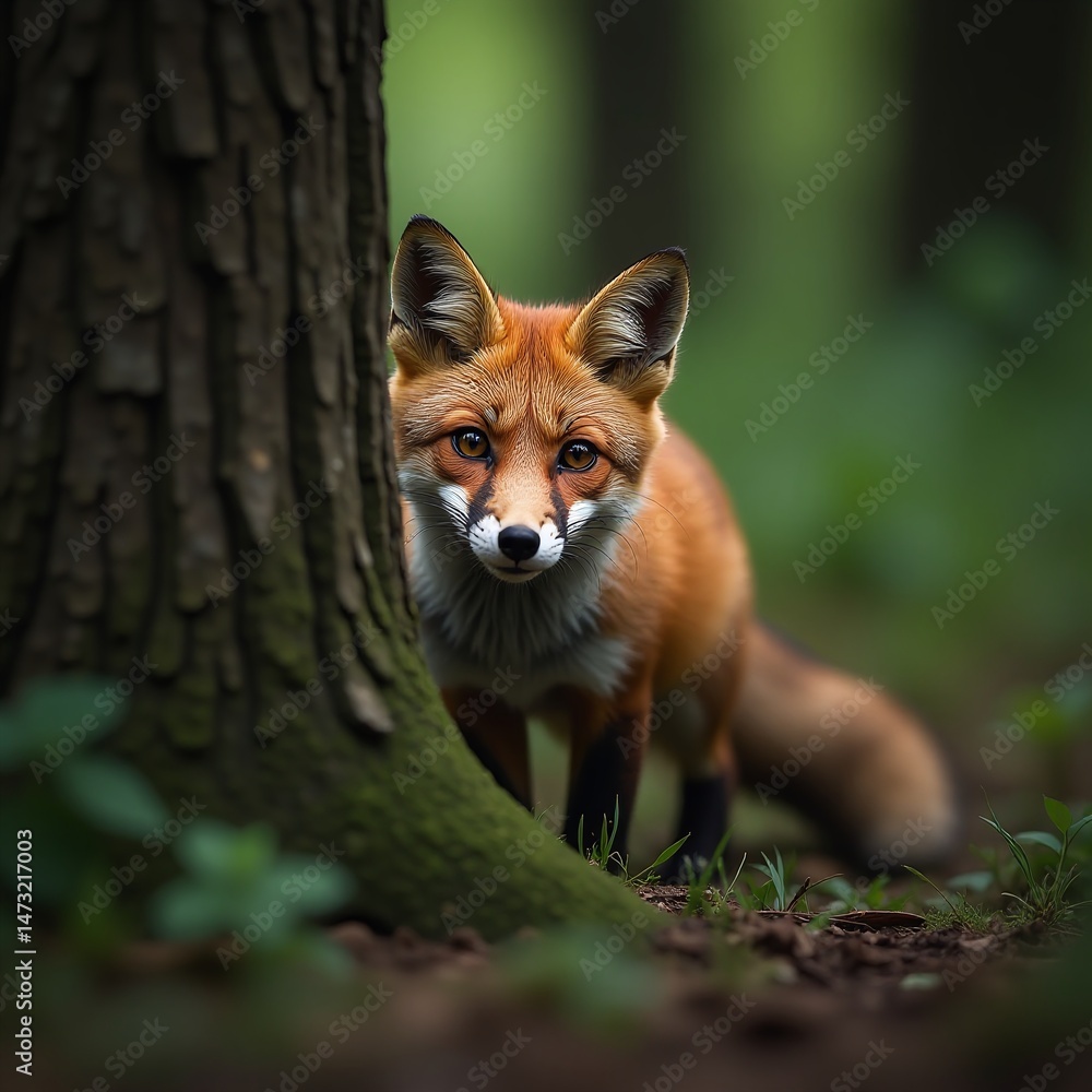 Fototapeta premium Curious fox peering from behind a tree, wild forest, nature exploration, alert expression, wildlife, animal