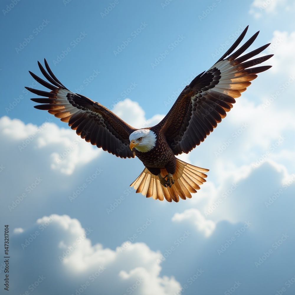 Obraz premium Majestic bald eagle soaring, powerful American eagle in flight, freedom and patriotism, wildlife bird of prey against a blue sky with clouds