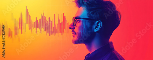 A man with glasses is looking at a colorful background with a lot of lines. The background is orange and yellow