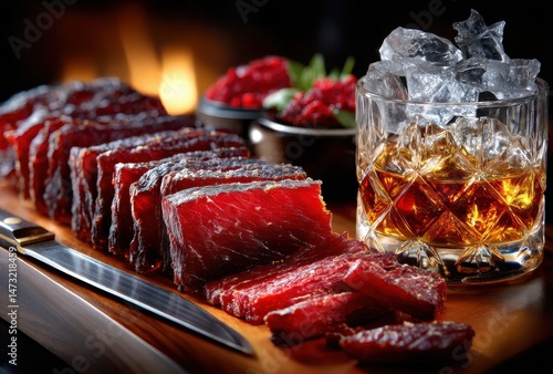 Gourmet Dried Meat Platter with Whiskey and Ice on Wooden Board, Perfect for Entertaining and Culinary Photography, Rich Colors and Textures