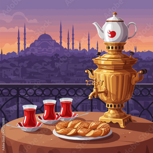Enjoying Turkish Tea and Simit with a City View at Sunset