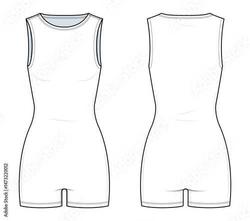 Sleeveless Biker Romper Technical Fashion Illustration. Women’s Active One-Piece Vector Template. Front and Back View. Fitted Silhouette. Crew Neck. CAD Mockup set