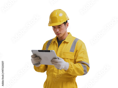 Asian Male Construction Worker Using a Tablet